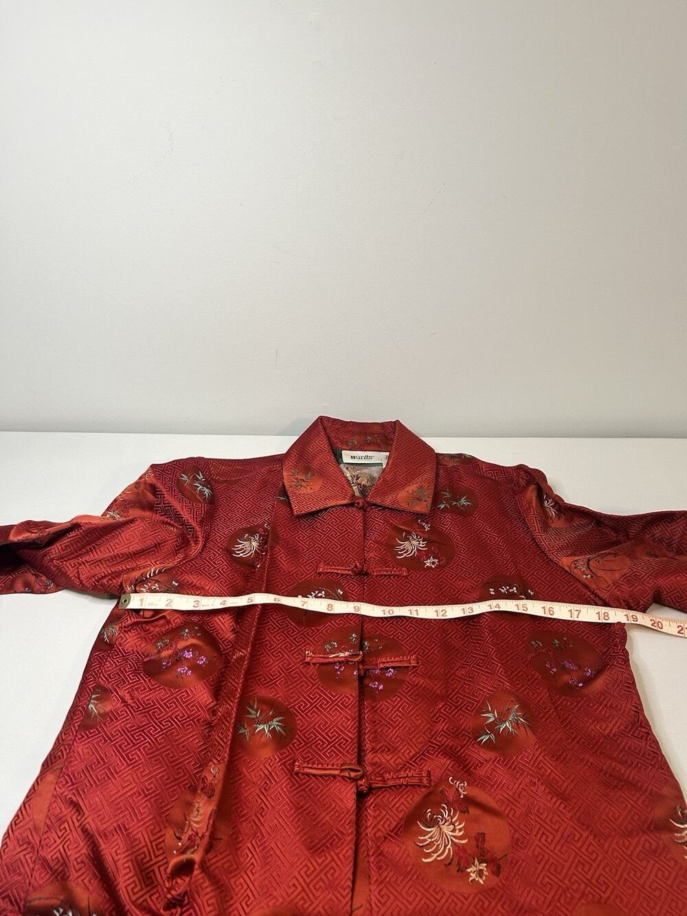 Units Womens M Red Silk Blend Embroidered Mandarin Frog Closure Jacket Y2K
